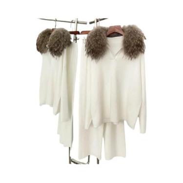Imagem de Conjunto Feminino De Suéter E Casaco De Tricô Com Gola De Pele De Rapo