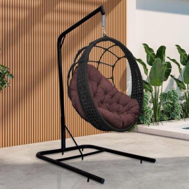 Imagem de Cadeira Balanço Ninho Suspenso Em Corda Náutica Luxo Com Suporte Preto-marrom