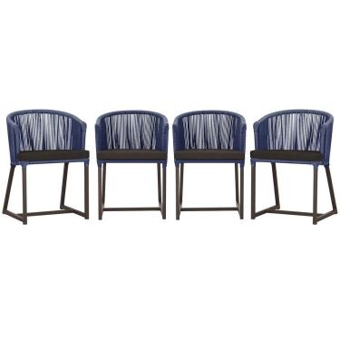 Imagem de 4 Cadeiras De Jantar Noronha Marrom Corda Náutica E9 Trama Azul