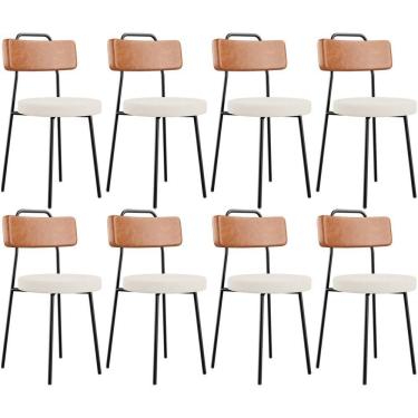 Imagem de Kit 08 Cadeiras Decorativas Estofada Sala De Jantar Barcelona L02 Couríssimo Camel Linho Cru - Lyam