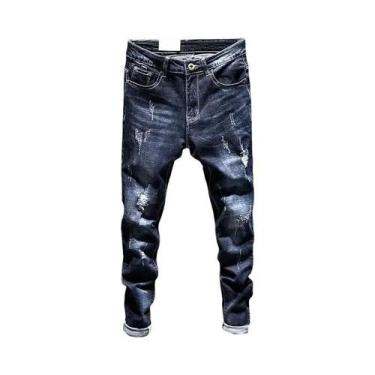 Imagem de Calças Jeans Masculinas Slim-fit Rasgadas E Desgastadas Em Algodão Est