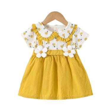 Imagem de Vestido De Algodão Para Menina Bebê Com Estampa De Flores E Mangas Cur