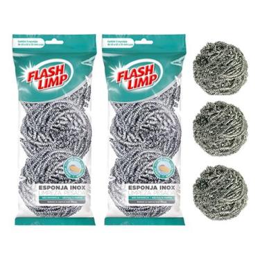 Imagem de Esponja Palha De Aço Inox Para Limpeza Pesada - 6 Esponjas - FLASH LIM