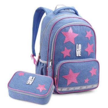 Imagem de Kit Mochila Escolar Love com Estojo Box Azul Claro Estrelas Material D