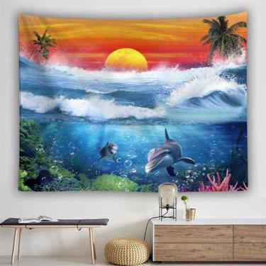 Imagem de Tapeçaria Animais Marinhos Baleia Mar Azul Céu 150x150cm - Yiweisai