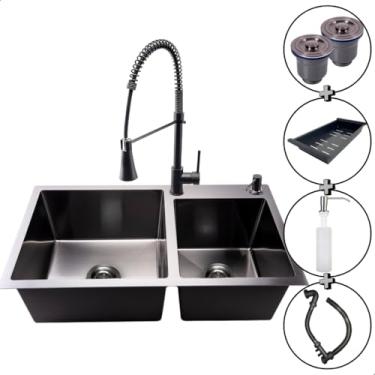 Imagem de Cuba Gourmet Dupla Preta para Cozinha SOFTINOX 78x43 - Kit Completo com Torneira Monocomando e Acessórios para Pia Gourmet