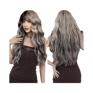 Imagem de Peruca Longa Ondulada Prateada Ombré Com Franja Para Mulheres, Alta De
