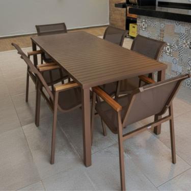 Imagem de Jogo De Mesa Ripada 6 Cadeiras Praia De Jardim Piscina Jantar Marrom