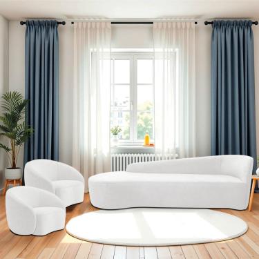 Imagem de Kit Divã Recamier Orgânico França 180cm Lado Esquerdo E 2 Poltronas Amore Bouclé Branco