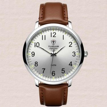 Imagem de Relógio Masculino Tuguir Clássico Social Couro Preto Analógico Quartz Caixa Prata 5ATM Resistente Água Elegante TC30489