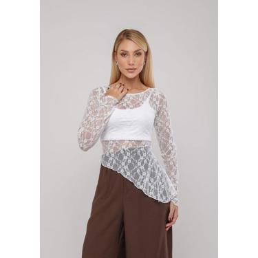 Imagem de Blusa De Renda Assimétrica Manga Longa Branco Salvatore, Branco, M