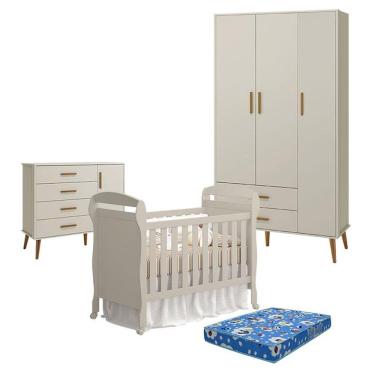 Imagem de Quarto De Bebê 3 Portas Com Cômoda Com Porta Isis E Berço Americano Danny Areia Acetinado Com Colchão Ortobom - Reller