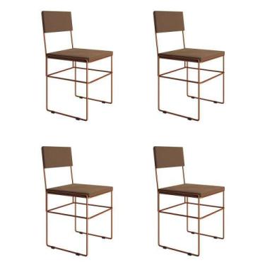 Imagem de Kit 4 Cadeiras De Jantar Industrial Estofadas Veludo Marrom Base Cobre