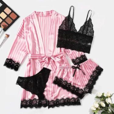 Imagem de Conjunto De Pijama Feminino De Cetim Com Renda Sexy, Estampa Moderna, 