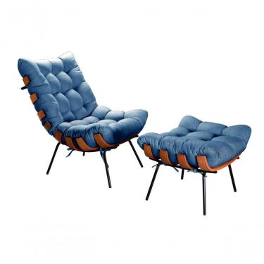 Imagem de Poltrona com Puff Costela Decorativa Linho Azul 330 Ergonômica com Fibra Siliconada Bella Decor