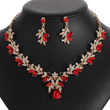 Imagem de L3520-Conjunto Feminino Colar Brinco Zirconia Prata Dourado Gota Folha