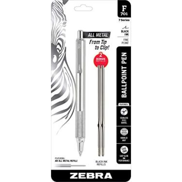 Imagem de Zebra F-701 Metal Pen, Ballpoint Fine Point Stainless Steel Pen, Knurled Grip, 0.8mm Black Ink, Zebra F701 Retractable Silver Metal Pen with 2 Black Ink Refills in Pack For Women & Men 21213ELG
