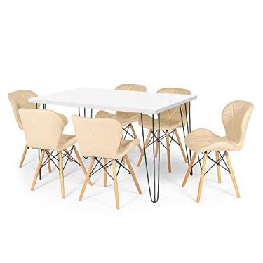 Imagem de Conjunto Mesa de Jantar Hairpin 130x80 Branca com 6 Cadeiras Eiffel Slim - Nude