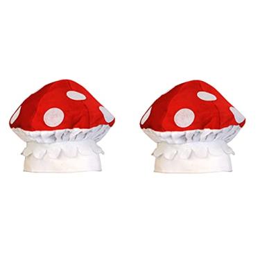 Imagem de Beistle 2 peças de tecido de pelúcia novidade chapéus cogumelo vídeo game decorações de festa de aniversário, tamanho único, branco/vermelho