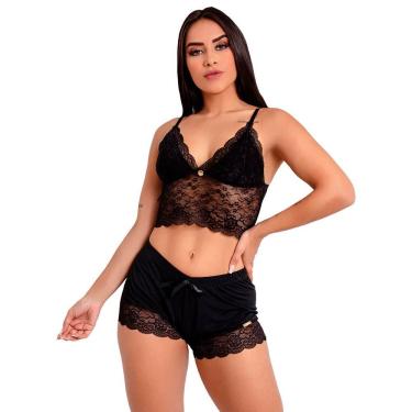 Imagem de Pijama Short Doll Baby Doll IMI Lingerie Cropped Microfibra Renda Tóquio Preto