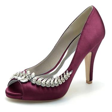 Imagem de Sapatos de noiva stiletto femininos scarpins de cetim peep toe salto alto com strass 36-42,Burgundy,5 UK/38 EU