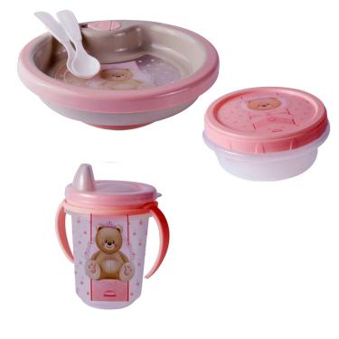 Imagem de Kit Refeição Infantil Bebê Prato Copo Pote Papinha Ursa Rosa