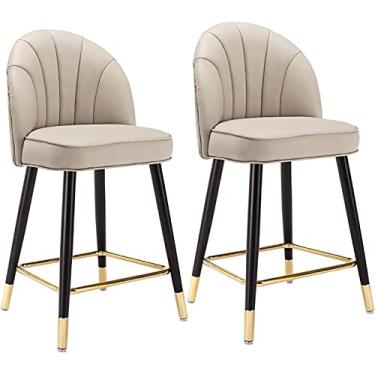 Imagem de Conjunto de 2 Bancos de Bar de Couro Nappa, Banco de Metal Moderno com Encosto Banco de Café de Jantar de Cozinha, Banco de Barra de Altura de Balcão com Apoio para Os Pés, para Sala de Jantar de Bar