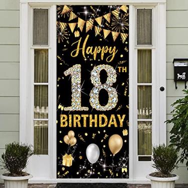 Imagem de Banner de porta de decorações de aniversário de 18 anos, decorações de feliz aniversário de 18 anos de ouro preto para meninas meninos, decoração de placa de cobertura de porta, pano de fundo de