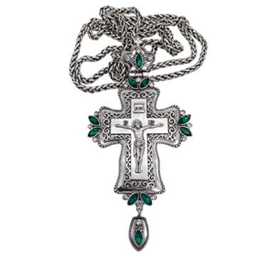Imagem de Cruz pectoral prata verde cristal cristal cristal clérigo sacerdote bispo crucifixo cristão INRI Jesus colar 58,4 cm em caixa de presente, 23 inches, Vidro, Sem pedra preciosa