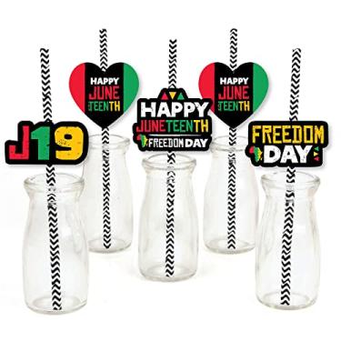 Imagem de Big Dot of Happiness Happy Juneteenth - Decoração de palha de papel - Canudos decorativos listrados para festa do Dia da Liberdade - Conjunto com 24