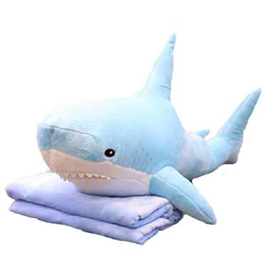 Imagem de Yajun Conjunto de travesseiro e cobertor de tubarão boneca de pelúcia tapete de soneca macio para TV sofá escritório simulação almofada animal marinho para aniversário natal, azul, 60 cm