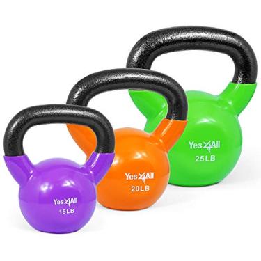 Imagem de Yes4All Combo especial: Conjuntos de peso Kettlebell revestidos de vinil – Peso disponível: 5, 10, 15, 20, 25, 13,6 kg (X - multicolorido 6,8-11,3 kg)