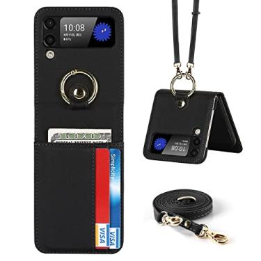 Imagem de Estojo para porta-cartões com cordão de anel de luxo capa de couro PU para Samsung Galaxy Z Flip 3 5G Capas de telefone Kickstand, preto, para galaxy Z flip 3