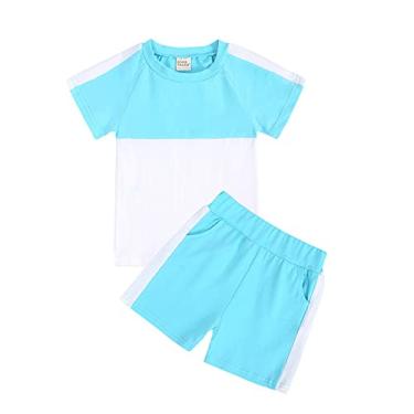 Imagem de Camiseta de verão unissex infantil infantil bebê bebê bebê macio patchwork algodão 2 peças pijama bebê menina (azul celeste, 5-6 anos)