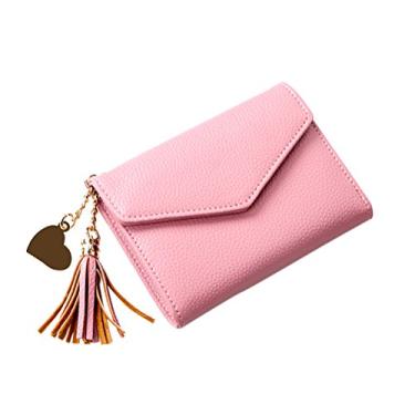 Imagem de Carteira feminina com pingente de borla, bolsa para dinheiro curta com zíper, carteira, bolsa para cartões (rosa claro)