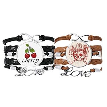Imagem de DIYthinker Coringa Coringa Coroa Vermelha Esqueleto Padrão Cartão Pulseira Pulseira Alça de Mão Couro Cereja Amor Conjunto Duplo