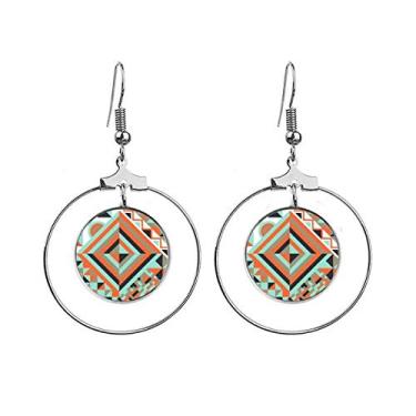 Imagem de Brincos de argola com padrão geométrico de losango verde
