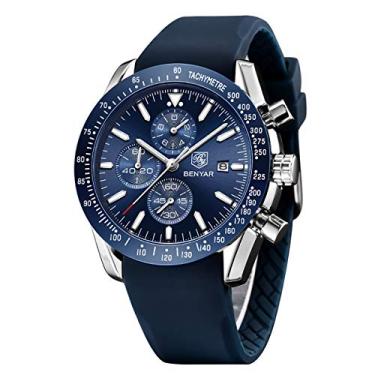 Imagem de BENYAR – Relógio de pulso elegante para homens, pulseira de silicone genuíno, movimento de quartzo, cronógrafo analógico à prova d'água, Azul