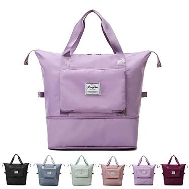 Imagem de Bolsa de viagem dobrável de grande capacidade, portátil, dobrável, leve, à prova d'água, tecido Oxford, bolsa esportiva de separação seca e úmida para mulheres, Roxa