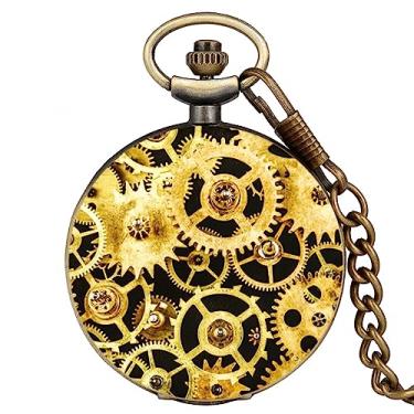 Imagem de ZALTAS Relógio de bolso de quartzo azul antigo Vintage Gear Colar relógio pendente com 30cm pulso corrente relógio fob