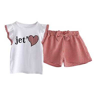 Imagem de Roupas para bebês meninas bebês meninas bebês meninas manga curta letra camiseta tops xadrez laço (vermelho, 4-5 anos)