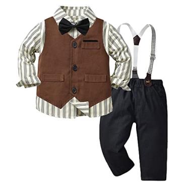 Imagem de Roupas de inverno para meninos de 12 meses para meninos de manga comprida com estampas listradas camisetas tops colete casaco calças infantis (A, 3-4 anos)