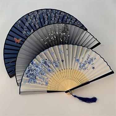 Imagem de Leque dobrável estilo vintage ventilador dobrável de seda padrão japonês chinês arte artesanato presente decoração de casa ornamentos ventilador de mão dança acessórios decorativos feitos à mão (cor: 7)