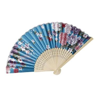 Imagem de Leque dobrável estilo chinês japonês leque de seda ventilador dobrável leque de casamento presentes de arte dança ventilador de mão vintage bambu dobrável ventilador de flores acessórios decorativos feitos à mão (cor: E)