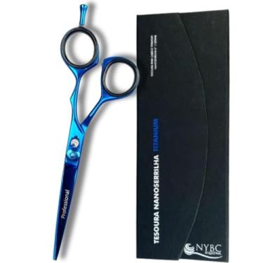 Imagem de Tesoura Profissional Cabelo Fio Navalha Titânio Azul 5 1/2" (14,0 cm) Ajustável Desfiar Repicar NYBC Beauty TCFNT-512