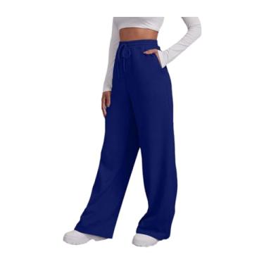 Imagem de Howstar Calça de moletom feminina de perna larga larga larga calça elástica casual longa com bolsos cargo yoga joggers moda jogger calças, A4 - Azul-marinho, M