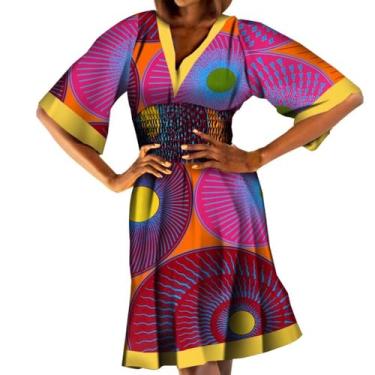 Imagem de XIAOHUAGUA Vestidos africanos para mulheres, casual, gola V, cintura elástica franzida, boho, vestido curto, T1, XXG