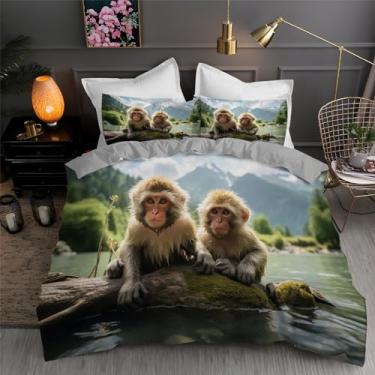 Imagem de Jogo de cama com estampa de macaco bebê King, paisagem, conjunto de 3 peças para decoração de quarto, capa de edredom de microfibra macia 264 x 233 cm e 2 fronhas, com fecho de zíper e laços