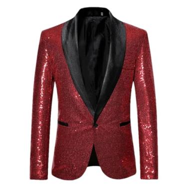 Imagem de Jaqueta masculina com lantejoulas pretas e gola xale, com glitter, boate, baile, DJ, blazer masculino, roupas de palco, X35 Vermelho, XP