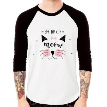 Imagem de Camiseta Raglan Gatinha Start Day With Meow Manga 3/4 - Foca Na Moda